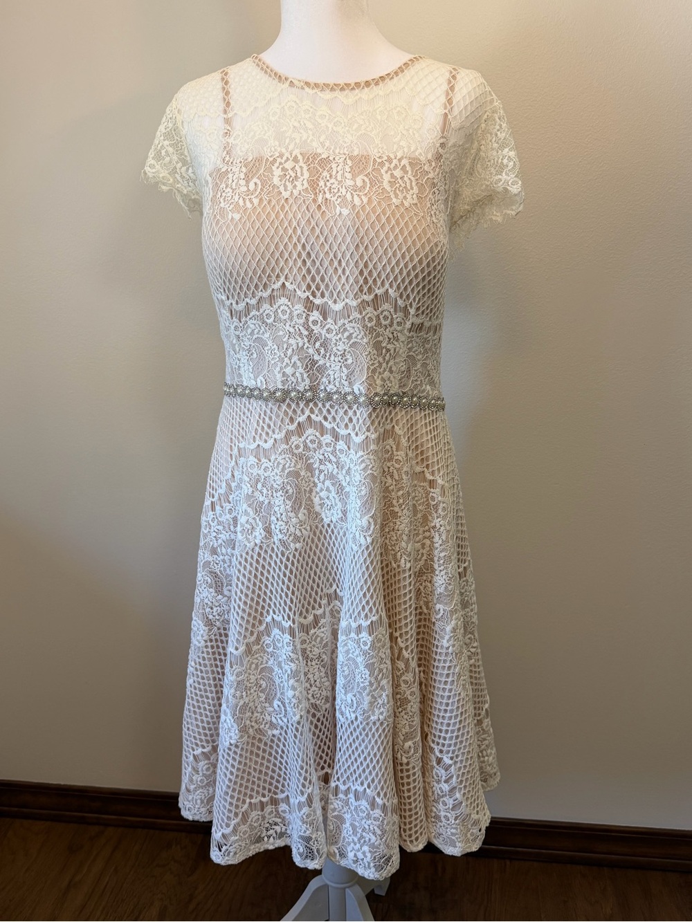 David’s Bridal Ivory Lace Midi Dress Size 20 with Beaded Rhinestone Waist